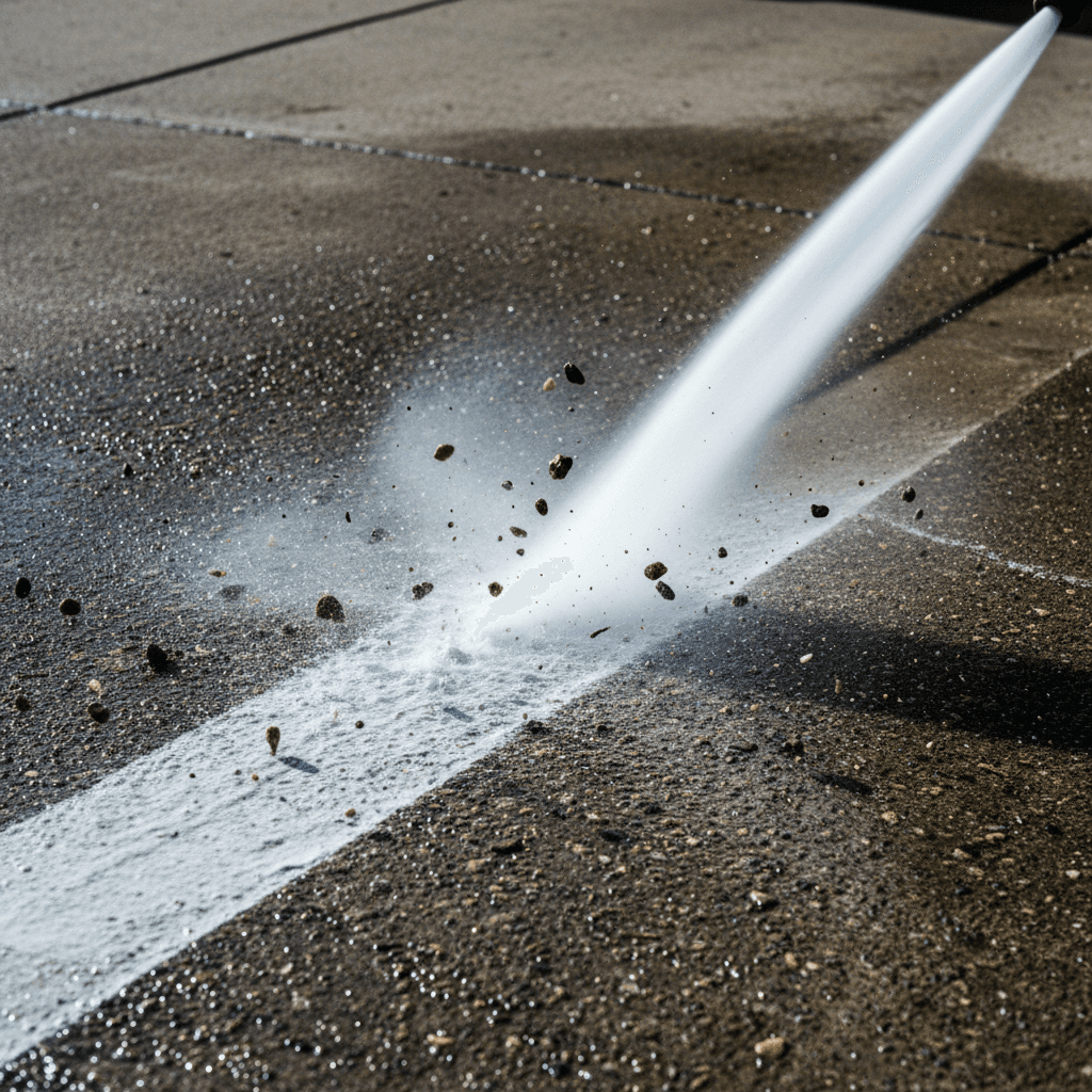 Water pressure blasting grime off driveway