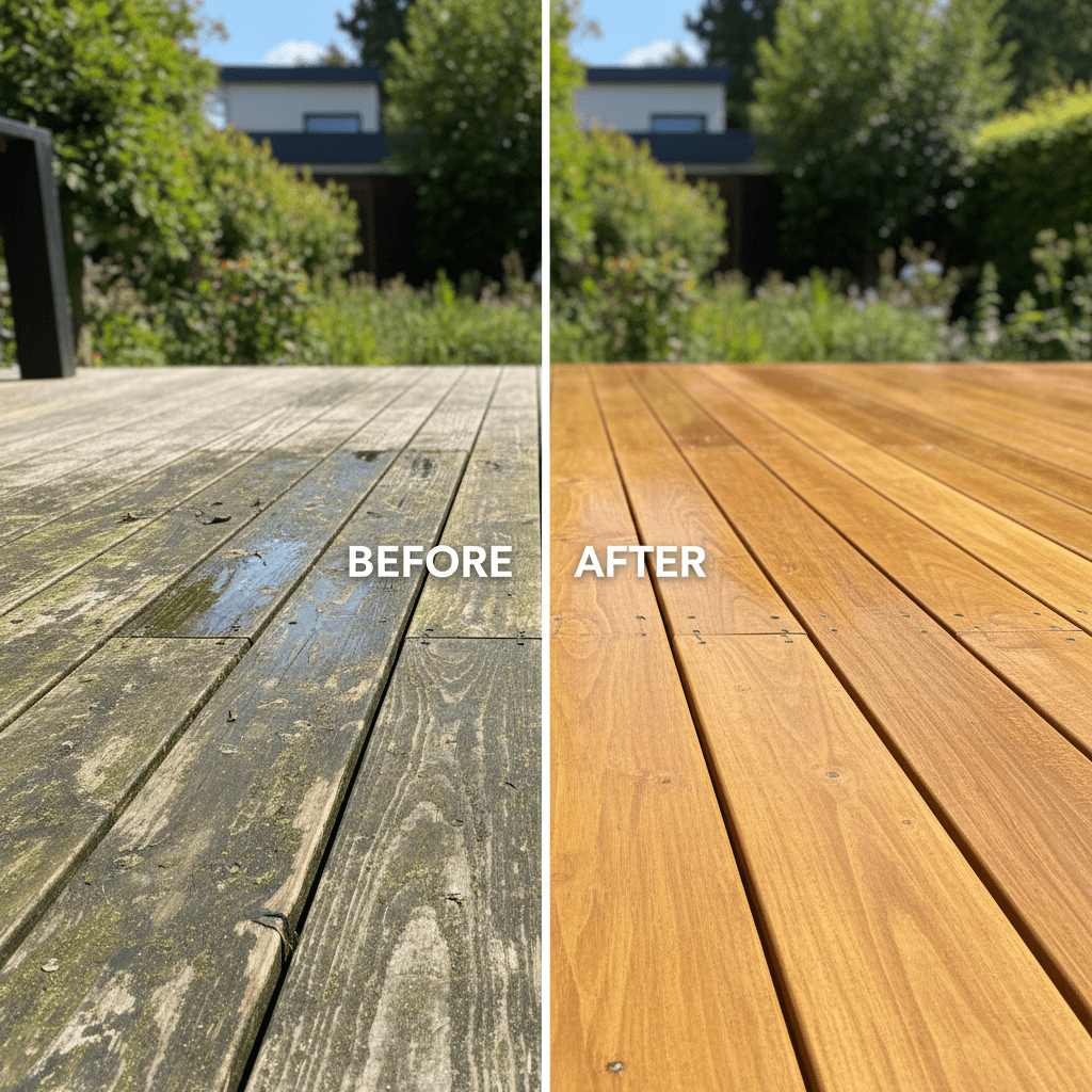 Clean wooden fence with water droplets sparkling in sunlight