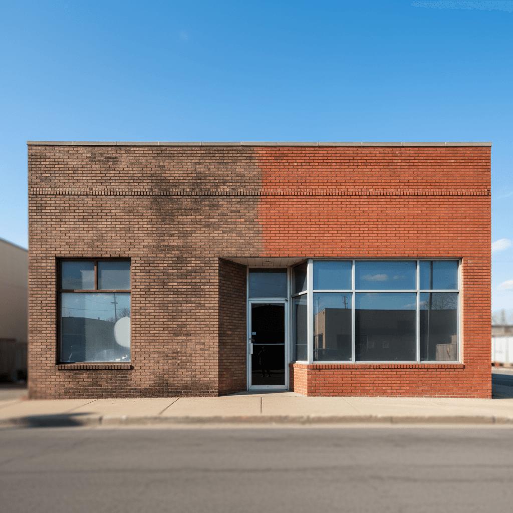 Commercial brick facade half cleaned