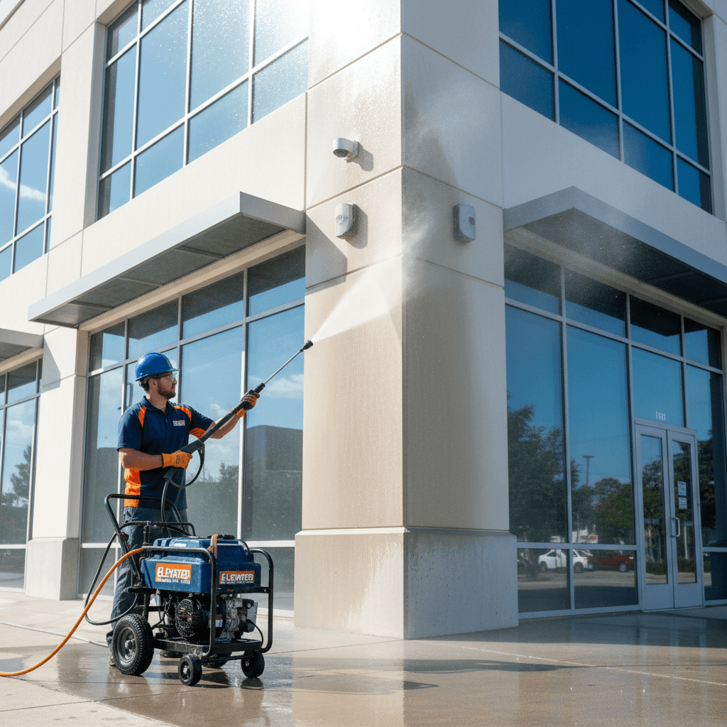 Commercial building undergoing professional power washing, worker cleaning facade
