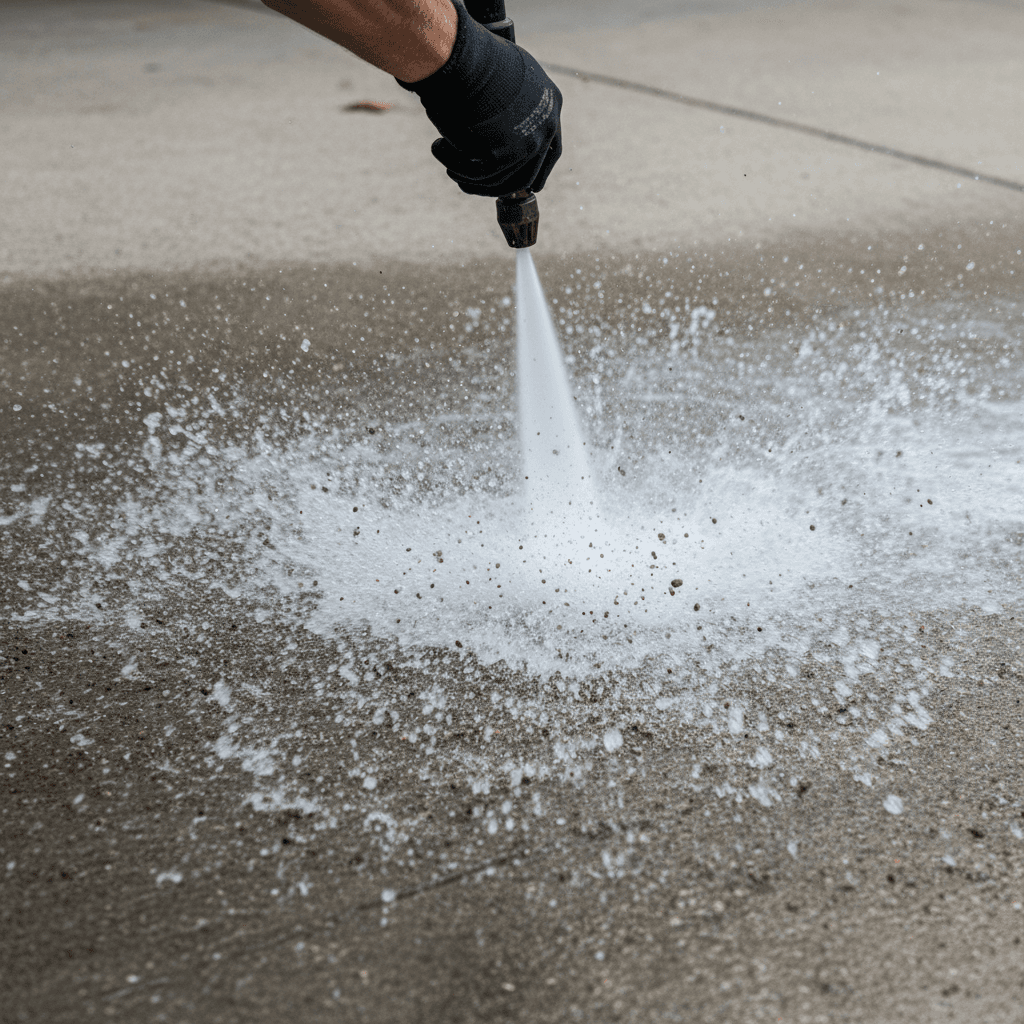 Pressure washer nozzle cleaning a concrete driveway