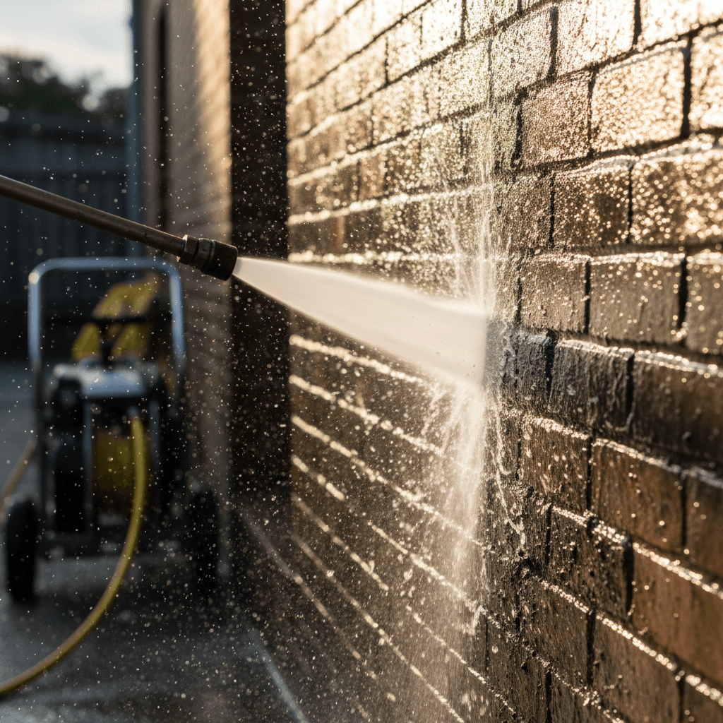 Pressure washer nozzle cleaning vinyl siding