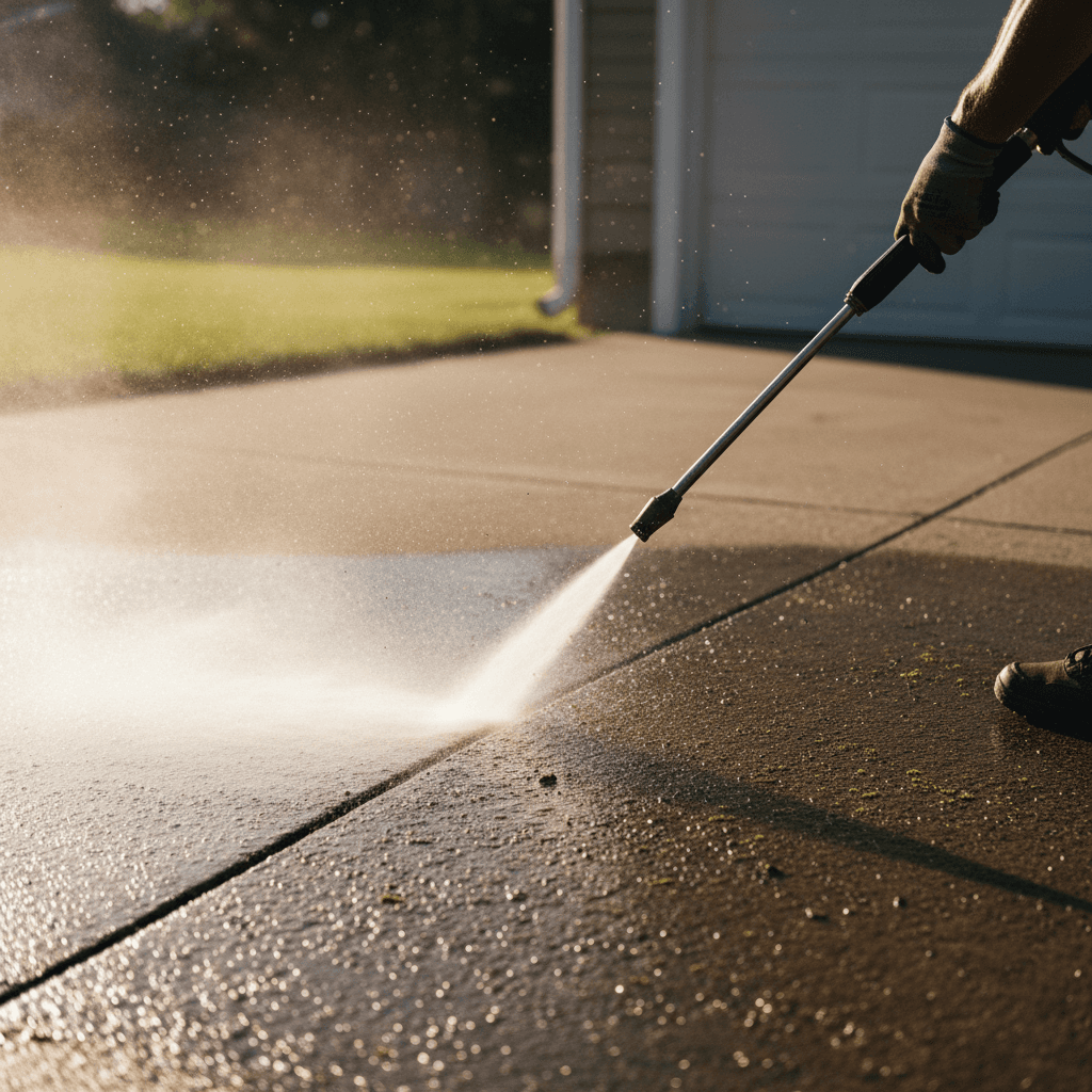 Pressure washing driveway close-up showing clean line
