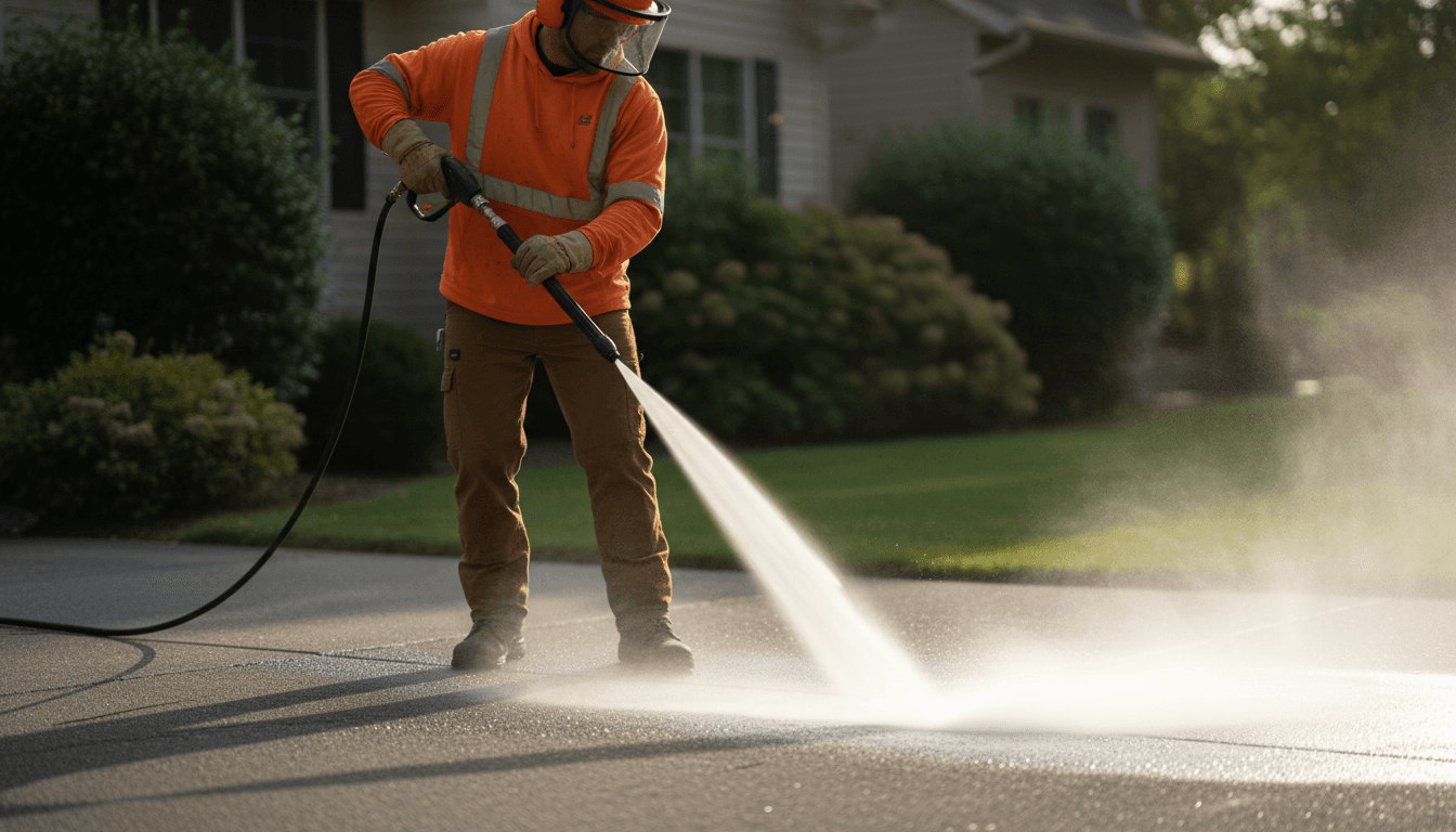 Coiled hose and clean driveway after power washing