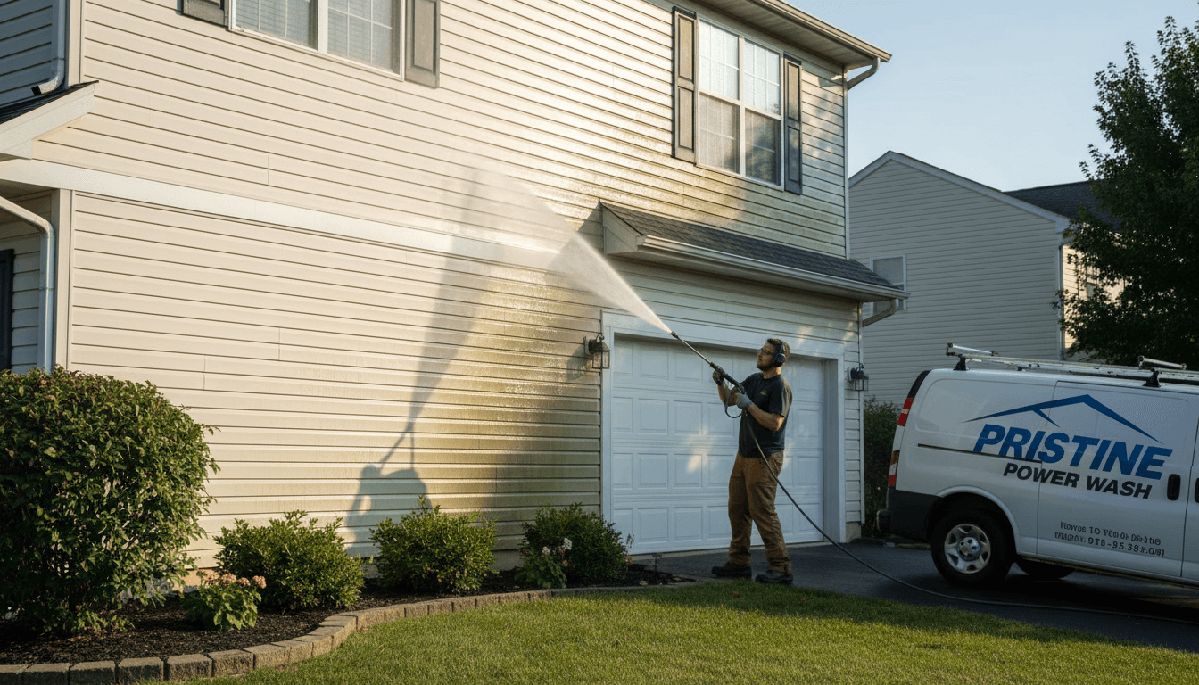 House siding being power washed by professional service